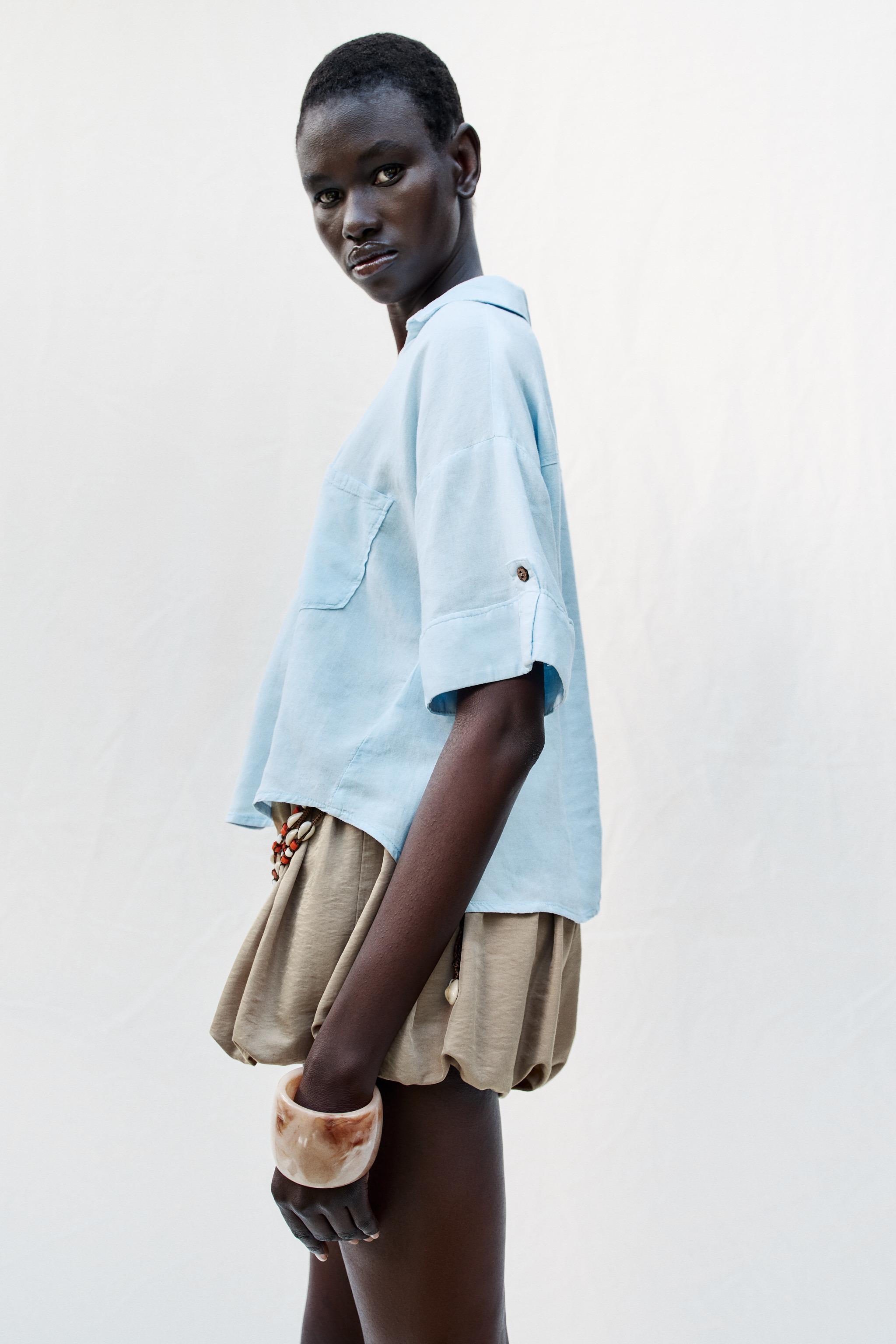 CROPPED LINEN BLEND SHIRT